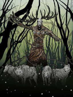 ambiguous_gender anthro antlers bone feral forest forest_background fur group horn nature nature_background plant skull skull_head tree white_body white_fur pawel_perlowsky canid canine canis humanoid leshen mammal wolf