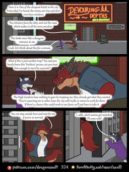 4_panel_comic alley anthro barefoot bottomwear clothed clothing dialogue directional_arrow door duo eye_contact feet fluffy fluffy_tail fur furaffinity_logo hoodie jacket looking_at_another male outside page_number pants patreon_logo reasoning shirt sign speech_bubble tail text topwear rimentus furaffinity mythology patreon coalt kharl_(rimentus) canid canine canis dragon furred_dragon furred_scalie mammal mythological_creature mythological_scalie scalie wingless_dragon wolf comic english_text hi_res multiple_scenes url