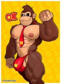 5_fingers abs anthro ball_slip balls barazoku biceps big_chest big_muscles biped bipedal_feral bodily_fluids brown_body brown_fur bulge clothed clothing feral fingers fist fur genitals ineffective_clothing male muscular muscular_anthro muscular_arms muscular_male necktie nipples pecs raised_fist raised_hand red_clothing red_eyes red_necktie red_thong red_underwear simple_background smile solo text thick_arms thick_thighs thong topless topless_anthro topless_male underwear wide_hips yellow_background torinohito donkey_kong_(series) donkey_kong_bananza nintendo donkey_kong_(character) ape gorilla haplorhine kong mammal primate absurd_res hi_res