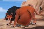 belly big_belly black_claws brown_belly brown_body brown_fur claws feral feral_pred fur green_eyes male male_pred mane rock rumbling_stomach solo sound_effects text unseen_prey vore roobin disney the_lion_king scar_(the_lion_king) felid lion mammal pantherine 2025 english_text hi_res