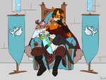 anthro cape chair clothed clothing duo enemies femboy furniture horn inside king male male/male melee_weapon on_chair on_lap royalty sitting sitting_on_chair sitting_on_lap size_difference sword weapon blury omegaverse azrael_skyheart ragnar_flamesoul deer humanoid mammal maned_fox 4:3 hi_res