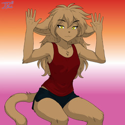5_fingers anthro big_ears bottomwear brown_body brown_fur chest_tuft clothing female fingers flag flag_background flat_chested front_view fur gradient_background hair hands_up lesbian_pride_colors lgbt_pride long_hair pride_colors shirt shorts simple_background sitting smug solo tail tank_top topwear tuft yellow_eyes jordanos21 absolute_cinema twokinds madelyn_adelaide basitin mammal 2025 hi_res