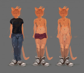 anthro balls biped black_clothing black_footwear black_shirt black_shoes black_t-shirt black_topwear blue_bottomwear blue_clothing blue_pants bottomwear brown_body brown_fur brown_stripes bulge clothed clothing converse_shoes denim denim_bottomwear denim_clothing eyes_closed flaccid footwear front_view fur genitals glans grey_background head_tuft humanoid_genitalia humanoid_penis jeans male nude orange_balls orange_body orange_ears orange_fur orange_penis orange_tail pants penis plantigrade red_clothing red_underwear shirt shoes simple_background solo standing striped_body striped_fur striped_head stripes t-shirt tail topwear tuft underwear white_clothing white_footwear white_shoes oselotti chuck_taylor_all_stars converse oselotti_(character) domestic_cat felid feline felis mammal multiple_images