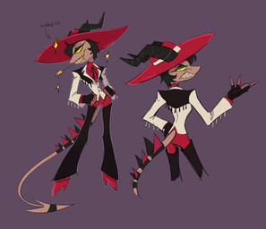 anthro black_hair black_horn boots clothing cowboy_boots cowboy_hat cowboy_outfit crossgender female footwear gloves gold_(metal) gold_tooth hair handwear hat headgear headwear high_heeled_boots high_heels horn long_tail object_in_mouth red_boots red_clothing red_fingers red_footwear red_hat red_headwear sharp_teeth shirt shoes short_hair solo spines tail teeth topwear wheat wheat_in_mouth white_clothing white_shirt white_topwear yellow_eyes riddlebites hellaverse helluva_boss striker_(helluva_boss) demon hybrid imp