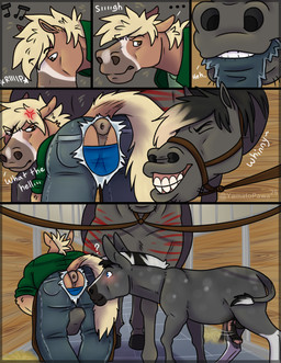 amused annoyed anthro anus assisted_exposure becoming_erect caught_in_the_act clothing erection farrier feral flaccid_to_erect group male male/male puffy_anus speech_bubble torn_clothing trio yamatopawa asinus donkey equid equine horse mammal absurd_res comic hi_res