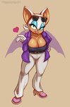 absurd_res anthro bat belt big_breasts bottomwear breasts cleavage clothed clothing eyeshadow eyewear eyewear_on_head female footwear fur gloves handwear hi_res high_heels jacket lipstick makeup mammal one_eye_closed pants rouge_the_bat sega shirt shoes solo sonic_the_hedgehog_(series) sunglasses sunglasses_on_head topwear triggerpigart white_body white_fur wings wink