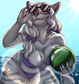 anthro beach breasts clothing eyewear female looking_at_viewer smile solo sunglasses swimwear white_body mokuro yunna_(monstercheetah) felid mammal pantherine tiger absurd_res hi_res
