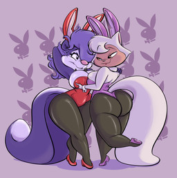 amber_eyes anthro big_breasts big_butt bow_(feature) bow_tie breast_grab breast_squish breasts breasts_frottage bunny_costume butt clothing costume curvy_figure duo fake_ears fake_rabbit_ears female fluffy fluffy_tail fur hair hair_over_eye hand_behind_head hand_on_breast multicolored_body multicolored_fur on_one_leg one_eye_obstructed pattern_background purple_body purple_fur purple_hair raised_arm rear_view simple_background smile squish standing tail thick_thighs two_tone_body two_tone_fur voluptuous white_body white_fur wide_hips joelasko cats_don't_dance tiny_toon_adventures warner_brothers fifi_la_fume sawyer_(cats_don't_dance) domestic_cat felid feline felis mammal mephitid skunk striped_skunk turkish_angora 2016 crossover