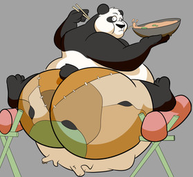 abdominal_bulge ambiguous_gender ambiguous_prey anthro anthro_pred bamboo belly big_belly big_butt bottomwear bowl butt chopsticks clothed clothing container eating eating_food face_imprint flexible food fur hand_imprint holding_bowl holding_chopsticks holding_container holding_object huge_belly huge_butt imprint looking_at_viewer looking_back looking_back_at_viewer male male_anthro male_pred multicolored_body multicolored_fur multiple_prey noodles obese obese_anthro obese_male overweight overweight_anthro overweight_male patch_(fabric) rear_view short_tail shorts shorts_only simple_background solo splits spread_legs spreading squirming struggling struggling_prey tail topless topless_anthro topless_male torn_bottomwear torn_clothing torn_shorts vore flamingtiger98 torkumatigburr dreamworks kung_fu_panda master_po_ping bear giant_panda mammal digital_drawing_(artwork) digital_media_(artwork) hi_res