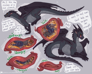 abdominal_bulge anthro anthro_prey barefoot black_body black_spikes blue_eyes bodily_fluids bottomwear clothed clothing cramped dialogue digestion duo fatal_vore feet female female_pred feral feral_pred forked_tongue fully_inside inside_stomach internal larger_pred licking licking_lips licking_own_lips lying male male/female male_prey membrane_(anatomy) membranous_wings neck_spikes on_front onomatopoeia orange_body pants rumbling_stomach shirt size_difference soft_vore sound_effects speech_bubble spiked_tail spikes spikes_(anatomy) stomach_acid tail talking_to_pred talking_to_prey text tongue tongue_out topwear vore wings yellow_eyes darkdraconica mythology darky_(darkdraconica) dave_(darkdraconica) canid canine dragon fox mammal mythological_creature mythological_scalie scalie 2023 digital_media_(artwork) english_text hi_res url