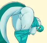 anthro anus areola bent_over big_breasts big_butt black_eyes blue_areola blue_body blue_nipples blue_scales bottomwear bottomwear_down breasts butt clothed clothing exposed_breasts eyelashes eyeshadow female female_anthro genitals glistening_eyelids green_body green_bottomwear green_clothing green_eyeshadow green_pants green_scales green_topwear hanging_breasts looking_at_viewer looking_back looking_back_at_viewer makeup nipples non-mammal_breasts non-mammal_nipples pants pants_down partially_clothed pussy rear_view scales simple_background solo tan_background thick_thighs topwear wide_hips lazergroove cross_country_detours rita_skopt lizard reptile scalie hi_res portrait three-quarter_portrait