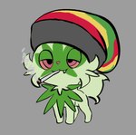 ambiguous_gender beanie cigarette cigarette_smoke clothed clothed_feral clothing cute_fangs drugs fangs feral fur green_body green_eyelids green_fur half-closed_eyes hat headgear headwear jamaican marijuana narrowed_eyes pink_nose quadruped rastacap red_eyes simple_background smile smoke smoking solo stoned substance_intoxication teeth paulozadias nintendo pokemon generation_9_pokemon mammal pokemon_(species) sprigatito colored