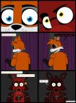 absurd_res animatronic anthro blue_eyes canid canine comic duo english_text five_nights_at_freddy's fox foxy_(fnaf) hi_res lucioro machine male mammal robot scottgames text yellow_eyes