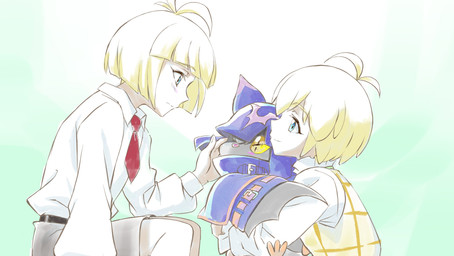 anthro black_body black_fur blonde_hair blue_eyes blush cloak clothing cowl fur group hair kneeling looking_at_another male smile trio wings bandai_namco digimon digimon_beatbreak makoto_kuonji tsukasa_kuonji chiropmon digimon_(species) human mammal absurd_res hi_res official_art brother_(lore) brothers_(lore) sibling_(lore) twins_(lore)