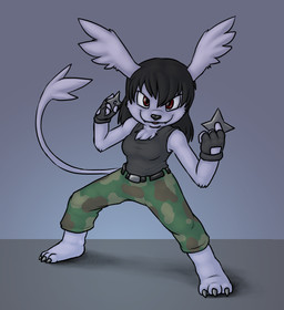 action_pose anthro barefoot belt biped black_hair bottomwear breasts camo camo_bottomwear camo_clothing camo_pants camo_print claws clothed clothing fangs feet female fighting_pose fingerless_gloves fur gloves hair handwear long_hair looking_at_viewer pants pattern_bottomwear pattern_clothing pattern_pants plantigrade pose ranged_weapon red_eyes shirt shuriken solo standing tail teeth tongue topwear weapon white_body white_fur c0nnerc00n bandai_namco digimon digimon_(species) felid gazimon mammal 2010