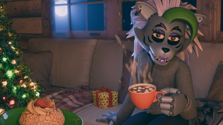 anthro beverage box candy chocolate christmas_decorations christmas_lights christmas_tree container dessert ear_piercing ear_ring facial_markings female fingers food furniture gift_box green_highlights head_markings highlights_(coloring) holidays hot_chocolate looking_at_viewer machine markings on_model pastry piercing plant ring_piercing sitting sofa solo tree anonamine christmas five_nights_at_freddy's five_nights_at_freddy's:_security_breach scottgames steel_wool_studios roxanne_wolf animatronic canid canine canis mammal robot robot_anthro wolf 16:9 2025 3d_(artwork) blender_(artwork) digital_media_(artwork) hi_res widescreen