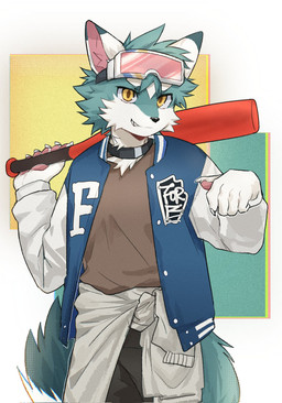5_fingers anthro baseball_bat bat_(object) biped clothing eyewear eyewear_on_head fingers fluffy fluffy_tail fur goggles goggles_on_head green_body green_fur jacket kemono male multicolored_body multicolored_fur solo standing tail topwear white_body white_fur yellow_eyes niwashi6440 canid canine canis mammal wolf 2025 cel_shading digital_drawing_(artwork) digital_media_(artwork) hi_res shaded