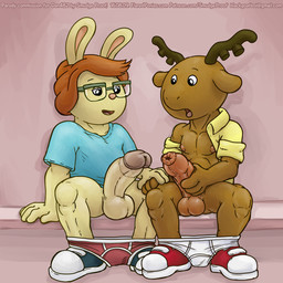 anthro balls big_penis bottomless circumcised circumcision_scar clothed clothing comparing comparing_penis cut_vs_uncut duo erection eyewear footwear foreskin genital_scar genitals glasses hand_holding humanoid_genitalia humanoid_penis hyper long_foreskin male male/male nipples penis scar shoes shota simple_background tight_foreskin underwear unretracted_foreskin young young_anthro smudge_proof arthur_(series) carl_gould george_lundgren deer lagomorph leporid mammal moose new_world_deer rabbit 1:1 hi_res