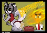 2021 accident anthro birthday black_markings black_spots breasts burning cake candle canid canine canis cel_shading clothed clothing dessert dialogue digital_media_(artwork) duo english_text fart fart_fetish farting_on_candle female fire fire_fart food fur gas grace_saberklaww_(bjkgreywolf) grey_body grey_fur grey_hair hair humor hybrid hyena male male/female mammal markings martini_gasu scar shaded shirt shocked spots surprise text topwear wolf