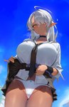 big_breasts biped bodily_fluids bottomwear breasts clothed clothing clothing_lift female hair hair_over_eye humanoid_pointy_ears looking_at_viewer necktie not_furry panties pointy_ears skirt skirt_lift solo sweat thick_thighs underwear yellow_eyes anima_(artist) elf humanoid hi_res