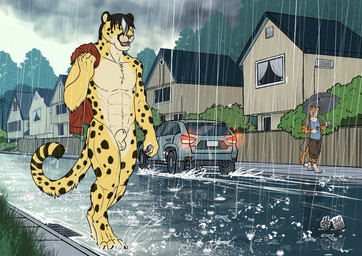 abs animal_genitalia anthro balls barefoot black_hair building car clothed clothing duo eyes_closed facial_spots fangs feet fence fully_sheathed fur genitals grass hair holding_object holding_umbrella house male male_anthro markings muscular muscular_anthro muscular_male nude open_mouth pecs plant public public_nudity raining sheath short_hair solo_focus spots spotted_face spotted_legs spotted_markings spotted_tail striped_arms striped_markings striped_tail stripes tail tail_markings teeth umbrella vehicle walking wet wet_body wet_fur wet_hair white_hair yellow_balls yellow_sheath hufnaar cheetah felid feline mammal pantherine tiger 2025 dated