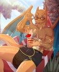 2_horns 5_fingers abdl adult_baby ageplay alcohol anthro back_wings beach beach_background beverage black_diaper blue_eyes blue_wings bodily_fluids claws clothed clothing cocktail cocktail_garnish cocktail_umbrella complex_shading container countershade_body countershade_tail countershade_torso countershading cup detailed_background diaper diaper_fetish diaper_only diaper_use dragon_tail drinking_glass drinking_straw eyebrow_ridge eyewear finger_claws fingers genital_fluids glass glass_container glass_cup glistening glistening_body glistening_eyes hammock holding_beverage holding_container holding_cup holding_drinking_glass holding_eyewear holding_glass holding_object holding_sunglasses horn humanoid_hands infantilism interested light light_beam looking_at_viewer lying lying_on_hammock male membrane_(anatomy) membranous_wings muscular muscular_anthro muscular_arms muscular_male on_hammock open_mouth open_smile orange_arms orange_body orange_face orange_hands orange_legs orange_snout orange_tail orange_wings palm_tree pecs plant pokemorph roleplay shadow sharp_teeth sky smile solo sunbeam sunglasses sunglasses_down sunglasses_on_face sunlight swim_diaper swollen_diaper tail tan_body tan_tail tan_torso teeth topless tree unclean_diaper urine used_diaper wearing_diaper wearing_sunglasses wet_diaper white_claws white_finger_claws wings cozygrey darksidefighter nintendo pokemon baxter_blaze fan_character charizard draconic generation_1_pokemon pokemon_(species) reptile scalie absurd_res detailed digital_drawing_(artwork) digital_media_(artwork) hi_res shaded