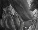 anthro cloak clothing duo female male sitting rukis johannes_cuthbert shivah canid canine canis domestic_dog felid feline hunting_dog irish_wolfhound lynx mammal sighthound 2014 5:4 greyscale monochrome shaded story story_in_description