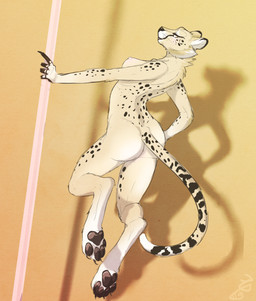 4_toes anthro breasts brown_pawpads butt claws dancing digitigrade feet female fur hindpaw inside looking_at_viewer looking_back markings multicolored_body multicolored_fur neck_tuft nipples nude pawpads paws pole pole_dancing shadow simple_background solo spots spotted_body spotted_fur toe_claws toes tuft whiskers yellow_eyes ctrl_alt_nut cheetah felid feline mammal 2015 digital_media_(artwork) hi_res