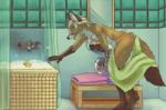 anthro bath bathtub breasts clenched_teeth detailed_background female fur gloves_(marking) markings nude rubber_duck solo tan_body tan_fur teeth towel water wet lirkov canid canine fox mammal red_fox true_fox 2017 digital_media_(artwork)