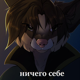 anthro brown_body brown_fur brown_hair clothing fur green_eyes hair inner_ear_fluff looking_at_viewer male male_anthro pink_nose simple_background solo text topwear tuft white_body white_fur yellow_body yellow_fur shyryp canid canine canis coyote mammal 1:1 absurd_res digital_media_(artwork) hi_res portrait russian_text translation_check translation_request