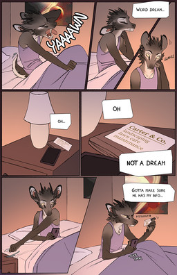 anthro bed bedding biped blanket brown_eyes business_card cellphone clothing electronics fur furniture grey_body grey_fur head_tuft holding_cellphone holding_object holding_phone holding_smartphone inner_monologue inside lamp looking_at_cellphone looking_at_object looking_at_phone male nightstand on_bed open_mouth phone pink_tongue pointy_ears prick_ears shirt smartphone snout solo tail text text_box thinking tongue topwear tuft tusks under_covers undershirt waking_up yawn yellow_sclera falco_works pen_(falco_works) cervine deer mammal tufted_deer 2024 comic digital_media_(artwork) english_text hi_res multiple_scenes