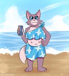 alcohol anthro beach beer beverage blue_eyes bottomwear breasts can clothed clothing container female fur furgonomics grey_body grey_fur hand_on_hip looking_at_viewer multi_nipple nipples outside seaside skirt smile solo standing tail tail_through_skirt crushpepper tabatha_(samoyena) domestic_cat felid feline felis mammal absurd_res full-length_portrait hi_res portrait