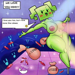 5_fingers areola belly big_areola big_breasts black_eyes black_text blush blush_stickers bottomwear breasts clothed clothing dialogue exclamation_point eyebrows eyelashes eyeshadow featureless_legs female female_focus female_humanoid fingers glistening glistening_areola glistening_belly glistening_breasts glistening_eyeshadow glistening_nipples glistening_thighs glistening_tongue green_body green_breasts green_eyeshadow green_hair green_skin group hair half-closed_eyes holding_pole makeup money_bag name_drop narrowed_eyes navel nipples not_furry open_mouth open_smile panties panties_only pattern_bottomwear pattern_clothing pattern_panties pattern_underwear pigtails pole raised_eyebrow rectangular_speech_bubble red_areola red_blush red_nipples red_tongue rubee side-tie_panties smile solo_focus speech_bubble spots spotted_bottomwear spotted_clothing spotted_panties spotted_underwear square_(anatomy) square_head string_panties stripper stripper_pole text thick_thighs tongue topless underwear underwear_only white_text wide_hipped_female wide_hipped_humanoid wide_hips yellow_clothing yellow_panties yellow_underwear lbanano0206 mario_bros nintendo paper_mario mimi_(paper_mario) humanoid 1:1 2025 digital_media_(artwork) english_text hi_res