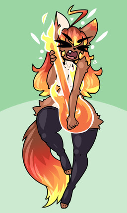 ahoge anthro breasts clothed clothing electric_guitar female fire fur guitar hair legwear musical_instrument partially_clothed plucked_string_instrument simple_background singing small_breasts solo string_instrument tail thick_thighs thigh_highs limebreaker caradhina canid canine canis fox hybrid mammal wolf 2019 3:5 digital_media_(artwork) hi_res