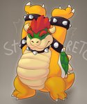 2_horns anthro belly bracelet claws collar grey_background hair horn jewelry male red_hair shell simple_background solo spiked_bracelet spiked_collar spikes text yellow_body denaturedalbumin mario_bros nintendo bowser koopa scalie 2020 english_text