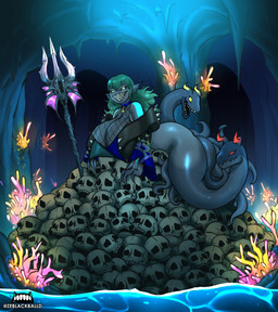 3_heads big_hands blue_body blue_skin bone cave choker clothed clothing ear_fins female fin fishnet_clothing fishnet_topwear glowing glowing_eyes green_eyes hair head_tentacles jacket jewelry melee_weapon multi_head necklace polearm sharp_teeth skull solo spear teal_hair teeth tentacles topwear weapon ze_blackball.d kath'ool_(deathwing_vt) anthozoan aquatic_creature cnidarian coral humanoid marine scylla absurd_res hi_res