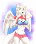 2016 aimi angel anthro canid canine canis celeste_falore_(peachicake) clothed clothing clothing_lift detailed digital_media_(artwork) feathered_wings feathers female fur hair hi_res long_hair mammal pinup pose shirt shirt_lift simple_background solo topwear white_body white_fur white_hair white_wings wings wolf yellow_eyes