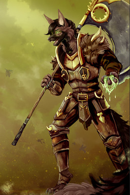 4_toes 5_fingers anthro armor axe battle_axe brown_armor canine_teeth claws cloudy_background feet fighting_pose fingers glowing glowing_eyes green_eyes grey_claws magic_user male pose solo toes tsunekitsune nurgle canid canine canis domestic_dog german_shepherd herding_dog mammal pastoral_dog