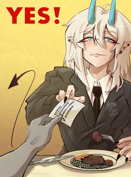 ambiguous_gender ambiguous_pov duo female first_person_view food horn human_pov humanoid_pointy_ears not_furry pointy_ears poster solo_focus spade_tail tail text ronfos horned_humanoid human humanoid mammal absurd_res colored english_text hi_res meme