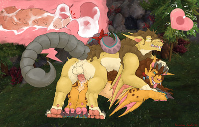 3_toes 4_toes accessory animal_genitalia anus balls bell bell_collar blue_eyes blue_stripe bodily_fluids bow_ribbon brown_hair brown_spots brown_spotted_body brown_spotted_fur cave claws collar cum cum_in_uterus cum_in_vagina cum_inside cum_on_vulva curly_hair cutaway dark_claws deep_penetration dewclaw dominant dominant_male duo eye_roll eyelashes eyes_closed fangs feet female female_on_bottom female_penetrated feral fur furgonomics furry_balls furry_sheath genital_fluids genitals grass grey_claws hair hand_on_head impregnation internal internal_vaginal leg_markings male male/female male_dominating_female male_on_top male_penetrating male_penetrating_female mane mane_hair markings membrane_(anatomy) membranous_wings nature nature_background on_bottom on_top open_mouth orange_body orange_fur orange_vulva outside outside_sex pawpads paws penetration penile_spines penis plant pointy_ears purple_claws quadruped raised_tail red_bow red_collar ribbons scorpion_tail screencap screencap_background sex sheath shrub socks_(marking) spots submissive submissive_female tail tail_accessory tail_bow tail_hugging_partner tail_ribbon tan_body tan_fur teeth toes tongue tongue_out tree uterus vaginal vaginal_penetration vulva whiskers wings yellow_body yellow_fur ferocious_ferals blizzard_entertainment european_mythology iranian_mythology middle_eastern_mythology mythology warcraft gresh thena_(pocketpaws) chimera dragon felid feline furred_dragon furred_scalie hybrid lion mammal manticore mythological_creature mythological_scalie pantherine scalie western_dragon windrider wyvern 2025 absurd_res hi_res huge_filesize signature