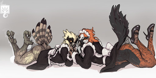 abstract_background anthro beak bow_ribbon butt clothed clothing clothing_pull duo feathers feet footwear hand_holding high_heels legwear looking_at_viewer lying lying_on_ground maid_headdress maid_uniform male male/male meme_pose net_stockings no_underwear on_front on_ground partially_clothed shoes stockings tail tail_feathers talons toes uniform alkuuda hooked_on_heel_(trend) levante_(enlas) raumsk accipitrid accipitriform avian bearded_vulture bird old_world_vulture osprey vulture absurd_res hi_res signature