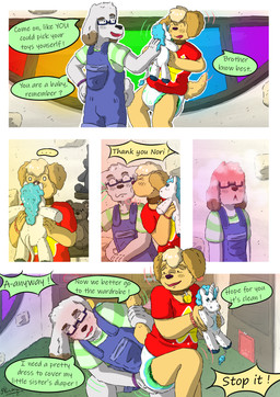 abdl ageplay anthro clothed clothing diaper diaper_check diaper_fetish duo hair humiliation infantilism kiss_on_lips kissing male male/male plushie roleplay teasing text wearing_diaper ahcocqui welof canid canine canis domestic_dog mammal absurd_res comic digital_media_(artwork) english_text hi_res