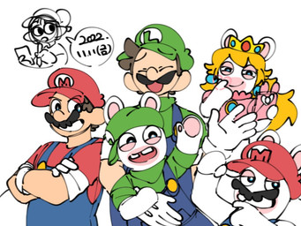 5_fingers anthro arms_bent black_eyebrows black_eyes black_facial_hair black_mustache blonde_hair blue_clothing blue_ear_piercing blue_eyes blue_overalls brown_hair buckteeth button_(fastener) cellphone clothed clothed_anthro clothed_female clothed_human clothed_male clothing crossed_arms crown date electronics eye_through_hair eyebrow_through_hat eyebrows eyes_closed facial_hair female female_anthro female_humanoid fingers fist fully_clothed fully_clothed_anthro fully_clothed_human fully_clothed_male gem gesture gloves goodbye green_clothing green_hat green_headwear green_shirt green_topwear group hair hand_pawpads handwear happy hat headgear headwear heart_symbol holding_another holding_cellphone holding_object holding_paper holding_pencil holding_phone humanoid_pointy_ears larger_human larger_male long_ears long_hair looking_at_viewer male male_anthro male_human mitten_hands multicolored_body mustache narrowed_eyes noseless open_mouth open_smile overalls paper pawpads pencil_(object) phone pink_clothing pink_shirt pink_topwear pointy_ears pupils red_clothing red_hat red_headwear red_mouth red_shirt red_tongue red_topwear rolled_up_sleeves ruby_(gem) sapphire_(gem) shirt short_hair sideways_hat simple_background size_difference smaller_anthro smaller_female smaller_human smaller_male smile smiling_at_viewer squint standing talking_to_viewer tan_body tan_eyelids tan_inner_ear tan_pawpads tan_skin teeth text thin_eyebrows tongue topwear translucent translucent_hair two_tone_body visor_cap waving waving_at_viewer white_background white_clothing white_gloves white_handwear white_pupils white_visor_cap year bam_ml mario_bros mario_plus_rabbids_kingdom_battle mario_plus_rabbids_sparks_of_hope nintendo raving_rabbids rayman_(series) splatoon ubisoft luigi mario rabbid_luigi rabbid_mario rabbid_peach aquatic cephalopod human humanoid inkling lagomorph mammal mollusk rabbid 2023 4:3 crossover digital_drawing_(artwork) digital_media_(artwork) english_text flat_colors korean_description brother_(lore) brothers_(lore) sibling_(lore) twins_(lore)