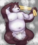 anthro bathing belly biped black_nose genitals male moobs navel nipples overweight overweight_anthro overweight_male penis scar simple_background sitting solo lako sega shining_(sega) shining_force shining_wind rouen_(shining) canid canine canis mammal wolf 2009