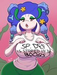 anthro anthrofied big_breasts breasts clothed clothing female flower looking_at_viewer open_mouth pink_background plant pokemorph red_eyes shirt simple_background solo text text_on_clothing text_on_shirt text_on_topwear topwear wide_hips nineka nintendo pokemon blue_flower_florges florges generation_6_pokemon pokemon_(species) 2021 3:4 english_text hi_res