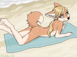 anthro barely_visible_breasts beach biped black_nose blonde_hair blue_eyes breasts curled_tail female hair long_hair looking_at_viewer lying nude on_front on_towel outside ponytail seaside solo tail towel young young_anthro young_female coonkun canid canine fox mammal 2008 4:3 aliasing digital_media_(artwork) low_res oekaki