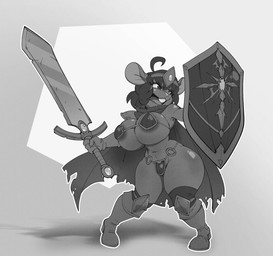 4_fingers ahoge anthro areola areola_slip armor big_breasts bikini_armor breasts cape clothing female fingers hair holding_object holding_weapon huge_hips huge_thighs medieval_armor medieval_clothing melee_weapon shield short_hair shortstack shortstack_female simple_background solo sword thick_thighs unconvincing_armor weapon wide_hips mr._deathcat gwen_geek gwen_martin mammal mouse murid murine rodent 2025 absurd_res black_and_white hi_res monochrome