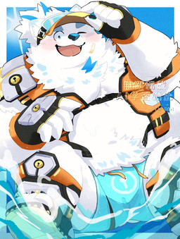 anthro belly blush bottomwear bulge clothing fur hat headgear headwear life_jacket male navel one_eye_closed overweight shorts smile solo visor_cap white_body white_fur wink yu_ma_104 lifewonders live_a_hero yohack canid canine canis domestic_dog mammal nordic_sled_dog samoyed spitz hi_res