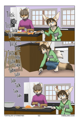 3d_background anthro barefoot blue_bottomwear blue_clothing blue_eyes blue_pants book border bottomwear braided_hair breasts brown_body brown_fur brown_hair carrot cheek_tuft chest_tuft clothed clothing colored_nails colored_toenails digitigrade dipstick_tail duo ear_piercing ear_ring facial_tuft feet female food fully_clothed fur green_clothing green_jacket green_topwear grey_hair hair hair_bun hime_cut inside jacket kitchen kneeling knife markings nails onomatopoeia pants pen piercing plant purple_clothing purple_sweater purple_topwear ring_piercing shirt slim sound_effects standing sweater tail tail_markings tan_body tan_fur text toenails toes topwear tuft vegetable white_border yellow_clothing yellow_shirt yellow_topwear foxboy83 tootaloo vixen_logic ferra_(vixen_logic) zerda_(vixen_logic) canid canine fennec_fox fox mammal tibetan_sand_fox true_fox 3d_(artwork) colored comic digital_media_(artwork) hi_res mixed_media shaded