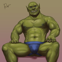 abs bald blue_eyes brown_background bulge clothing green_body green_skin grin humanoid_pointy_ears jockstrap looking_at_viewer male muscular muscular_humanoid muscular_male nipple_piercing nipples not_furry pecs piercing pointy_ears simple_background sitting smile solo tusks underwear rov larek_rogdul humanoid orc 1:1 2018 hi_res